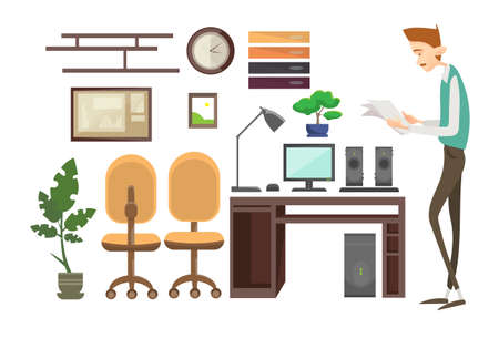 Business Man Interior Workplace, Businessman Manager Office Worker Flat Vector Illustrationのイラスト素材