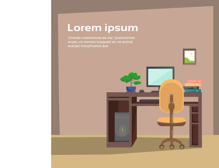 Empty Workplace Desk Workspace Office Interior No People Flat Vector Illustrationのイラスト素材