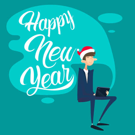 Business Man Using Laptop Computer Merry Christmas And Happy New Year Flat Vector Illustrationのイラスト素材
