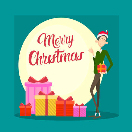 Happy Business Man Hold Present Box Gift Merry Christmas And Happy New Year Flat Vector Illustrationのイラスト素材