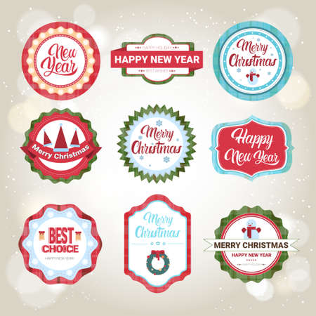 Happy New Year Merry Christmas Greeting Card Decoration Laber Web Icon Set Flat Vector Illustrationのイラスト素材