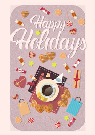Decorated Workspace Desk Cup With Cookies Top Angle View Greeting Card Vector Illustrationのイラスト素材