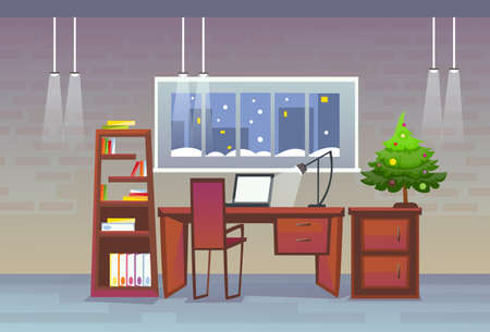 Empty Decorated Workplace Office Merry Christmas And Happy New Year Celebration Flat Vector Illustrationのイラスト素材