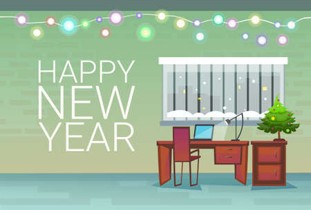 Empty Decorated Workplace Office Merry Christmas And Happy New Year Celebration Flat Vector Illustrationのイラスト素材