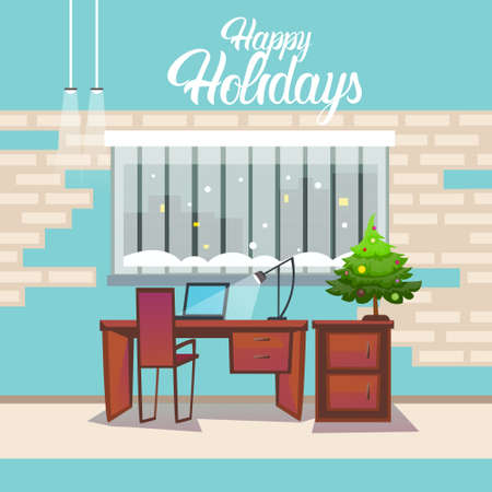 Empty Decorated Workplace Office Merry Christmas And Happy New Year Celebration Flat Vector Illustrationのイラスト素材