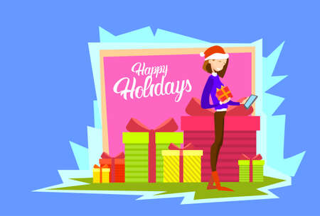 Business Woman Hold Present Box Messaging Online Cell Phone Merry Christmas And Happy New Year Flat Vector Illustrationのイラスト素材