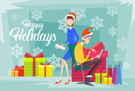 Business People Present Box Gift Merry Christmas And Happy New Year Flat Vector Illustrationのイラスト素材