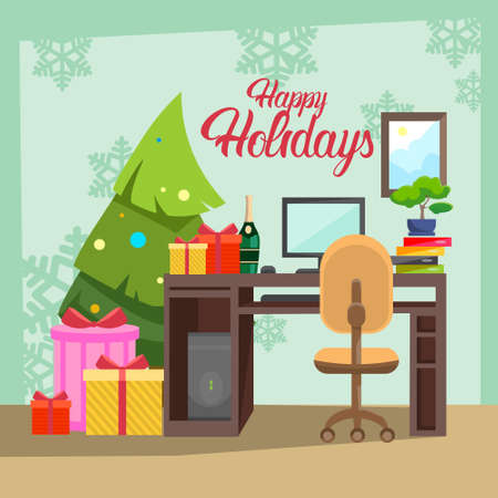 Empty Decorated Workplace Office Merry Christmas And Happy New Year Celebration Flat Vector Illustrationのイラスト素材