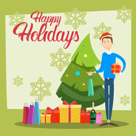 Business Man Hold Present Box Gift Merry Christmas And Happy New Year Flat Vector Illustrationのイラスト素材