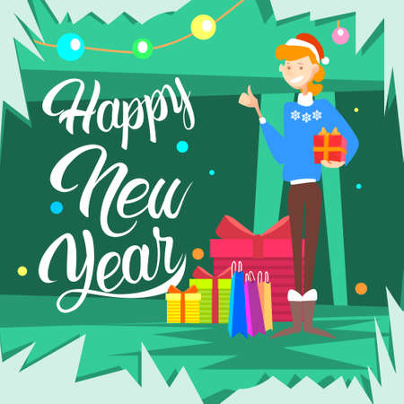 Business Woman Hold Present Box Gift Merry Christmas And Happy New Year Flat Vector Illustrationのイラスト素材
