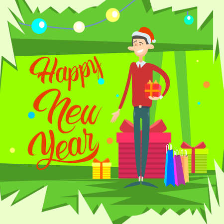 Business Man Hold Present Box Gift Merry Christmas And Happy New Year Flat Vector Illustrationのイラスト素材