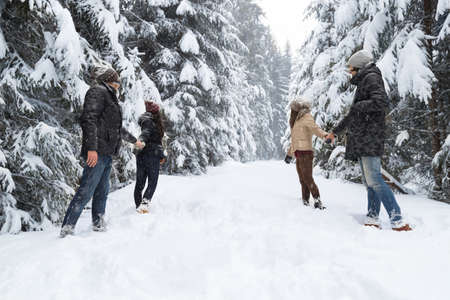 Friends Group Two Playful Couple Snow Forest Young People Outdoor Winter Pine Woods