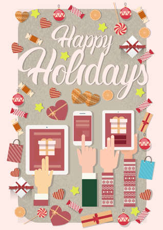 Hands Hold Device Electronics Gadget New Year Laptop Phone Tablet Christmas Gift Decoration Vector Illustrationのイラスト素材