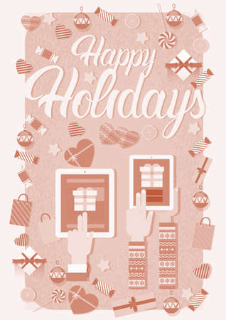 Hands Hold Device Electronics Gadget New Year Laptop Phone Tablet Christmas Gift Decoration Vector Illustrationのイラスト素材