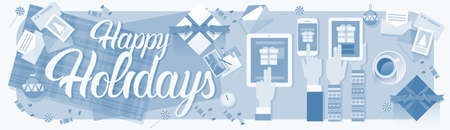 Hands Hold Device Electronics Gadget New Year Laptop Phone Tablet Christmas Gift Decoration Vector Illustrationのイラスト素材