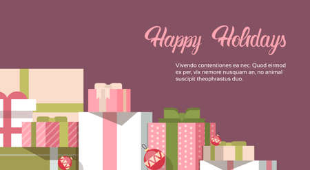 Happy New Year Merry Christmas Decoration Greeting Card Celebration Banner Flat Vector Illustrationのイラスト素材