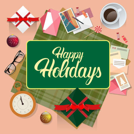 Happy New Year Merry Christmas Decoration Greeting Card Celebration Banner Flat Vector Illustrationのイラスト素材