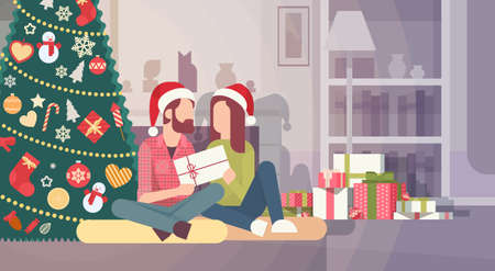 Couple Hold Present Decorated Gift New Year Merry Christmas Celebration Home Interior Pine Tree Flat Vector Illustrationのイラスト素材