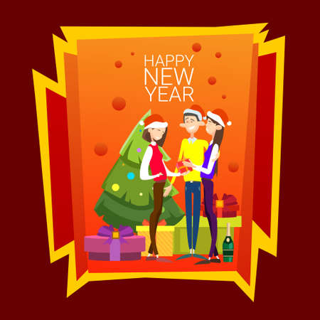Businesspeople Celebrate Merry Christmas And Happy New Year People Group Santa Hat Flat Vector Illustrationのイラスト素材