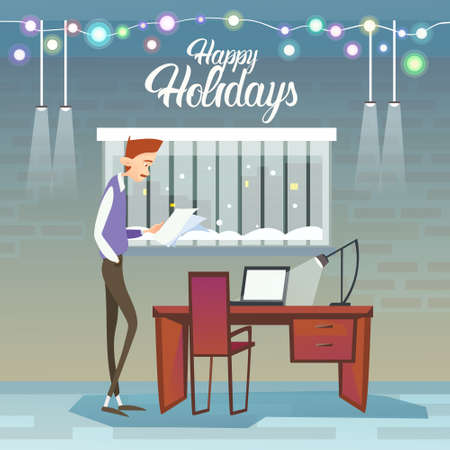 Business Man Hold Contract Celebrate Merry Christmas And Happy New Year Flat Vector Illustrationのイラスト素材