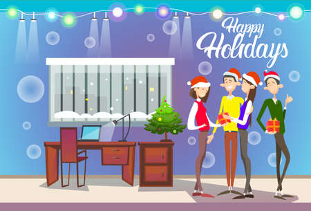 Businesspeople Celebrate Merry Christmas And Happy New Year People Group Santa Hat Flat Vector Illustrationのイラスト素材