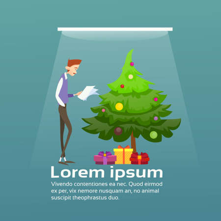 Business Man Hold Contract Celebrate Merry Christmas And Happy New Year Flat Vector Illustrationのイラスト素材