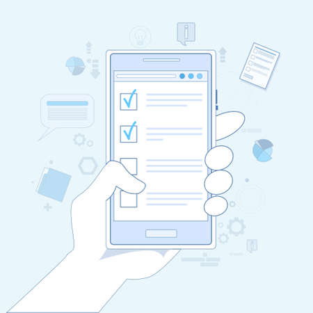 Mobile Cell Smart Phone Call Hand Hold Check List Thin Line Vector Illustrationのイラスト素材