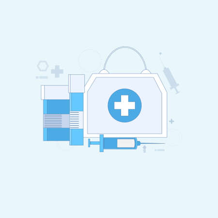 Medicines Prescription Medical Application Health Care Medicine Online Web Banner Thin Line Vector Illustrationのイラスト素材