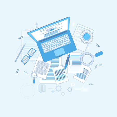 Workplace Desk Laptop Computer Notebook Coffee Top Angle View Vector Illustrationのイラスト素材