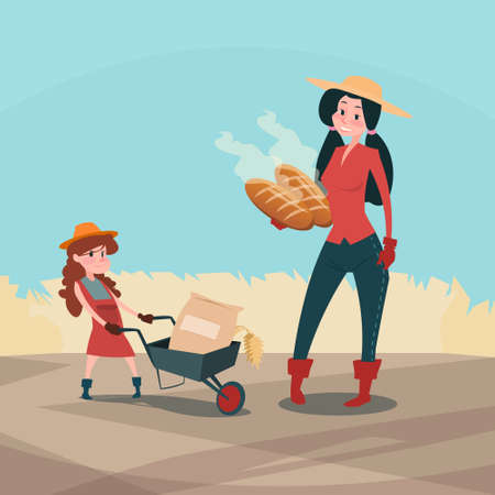 Farmers Family Hold Wheat Fresh Bread Production Farmland Countryside Flat Vector Illustrationのイラスト素材