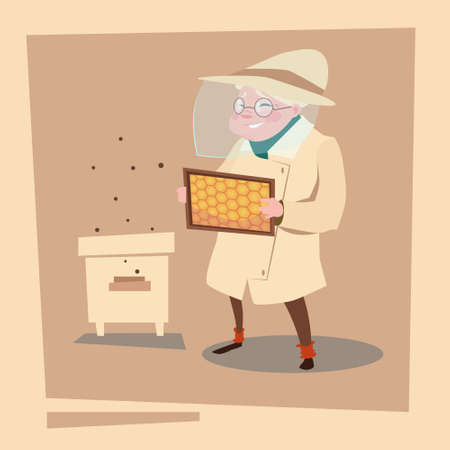 Farmer Senior Woman Gather Honey From Bee Hive Apiary Farm Flat Vector Illustrationのイラスト素材
