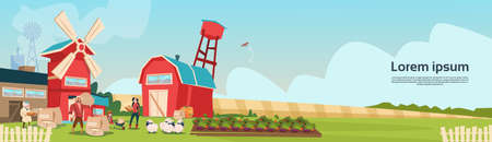 Farmers Family Wheat Mill Building Farmland Countryside Landscape Flat Vector Illustrationのイラスト素材