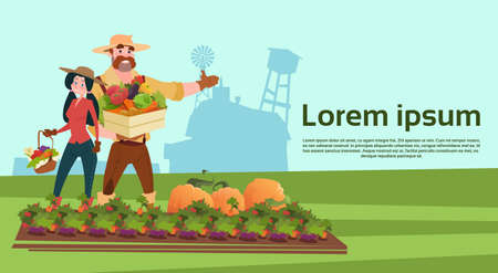 Farmers Family Growing Vegetables Farmland Countryside Landscape Flat Vector Illustrationのイラスト素材