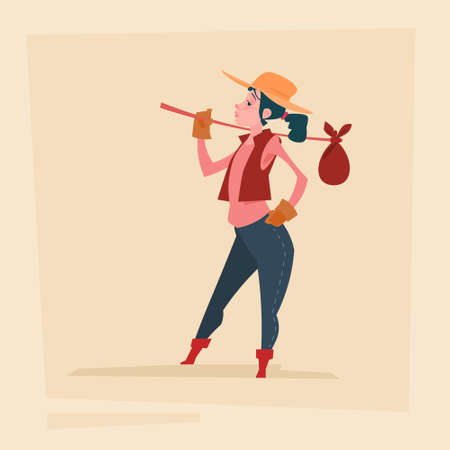 Farmer Country Woman Agriculture Business Cartoon Character Flat Vector Illustrationのイラスト素材