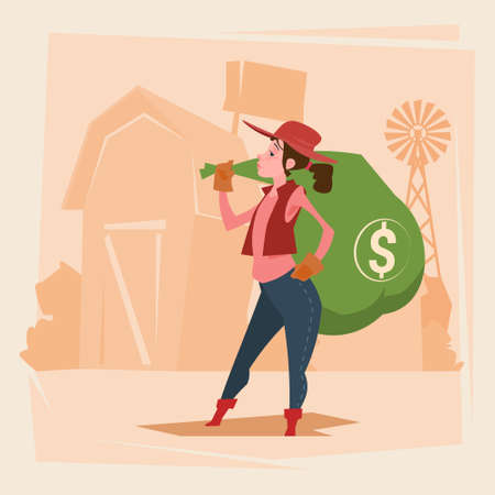 Farmer Country Woman Hold Big Money Sack Success Agriculture Business Flat Vector Illustrationのイラスト素材