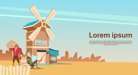 Farmers Family Wheat Mill Building Farmland Countryside Landscape Flat Vector Illustrationのイラスト素材