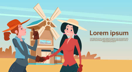 Farmer Country Woman Hand Shake Agriculture Farmland Background Flat Vector Illustrationのイラスト素材
