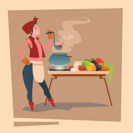 Farmer Country Woman Cooking Dinner Cartoon Character Flat Vector Illustrationのイラスト素材