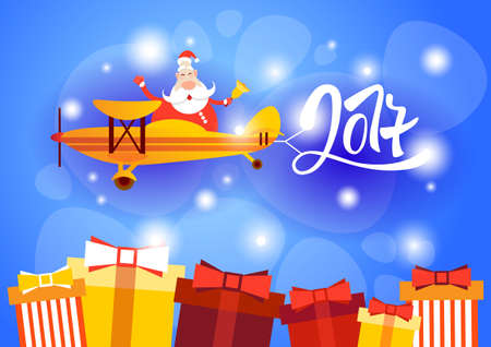 Santa Clause Flying Airplane Happy New Year Decoration Greeting Card Celebration Banner Flat Vector Illustrationのイラスト素材