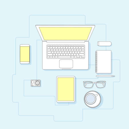 Workplace Desk Laptop Computer Notebook Coffee Top Angle View Vector Illustrationのイラスト素材