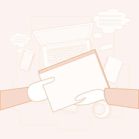People Give Document Contract Workplace Desk Laptop Computer Top Angle View Vector Illustrationのイラスト素材