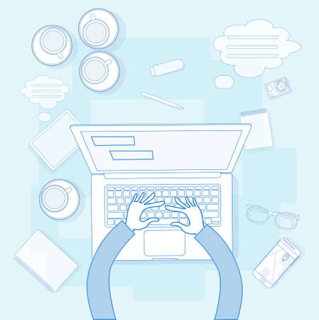 Business Workplace Desk Hands Working Laptop Top View Thin Line Vector Illustrationのイラスト素材