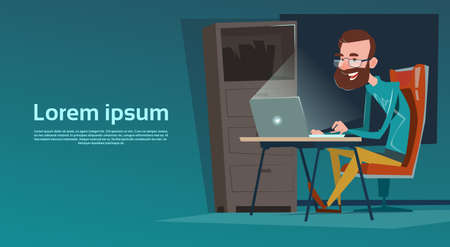 Business Man Sitting Desk Work Laptop Computer Flat Vector Illustrationのイラスト素材