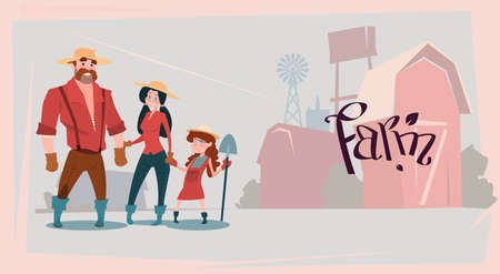 Farmers Family Building Farmland Countryside Landscape Flat Vector Illustrationのイラスト素材