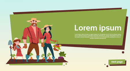 Farmers Family Parent With Daughter Growing Harvest Banner Copy Space Flat Vector Illustrationのイラスト素材