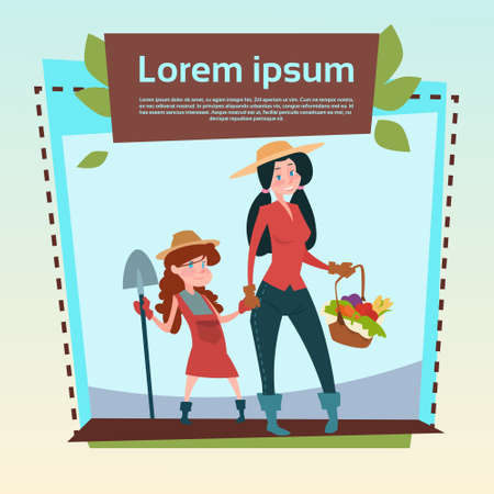 Small Girl Farmers Daughter And Mother Hold Spade Growing Harvest Banner Copy Space Flat Vector Illustrationのイラスト素材
