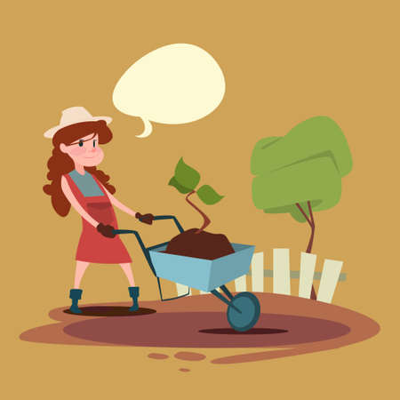 Small Girl Farmers Daughter Hold Trolley Growing Tree Flat Vector Illustrationのイラスト素材