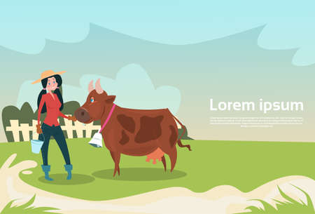Farmer Woman With Cow Eco Farming Breeding Flat Vector Illustrationのイラスト素材