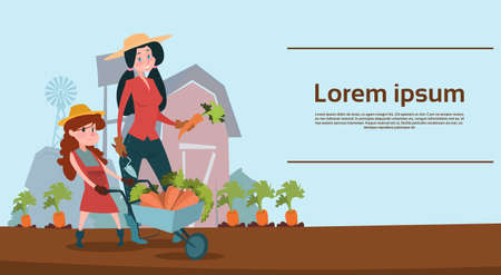Small Girl Farmers Daughter Hold Trolley With Vegetables Harvest Flat Vector Illustrationのイラスト素材