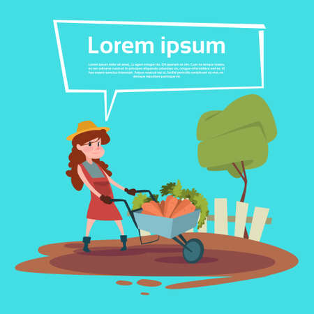 Small Girl Farmers Daughter Hold Trolley With Vegetables Harvest Flat Vector Illustrationのイラスト素材